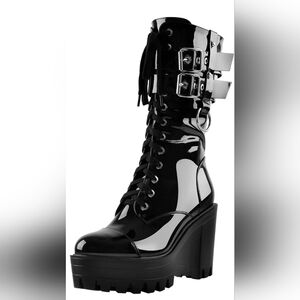 Black Platform Mid Calf Chunky High Heels Boots